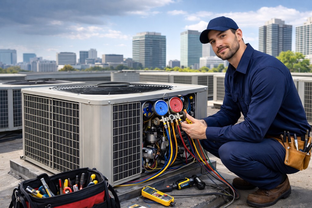 Commercial rooftop package unit installation and AC service for Toronto business by Epsilon Mechanical
