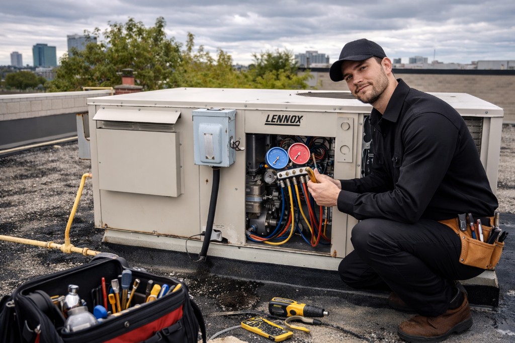 Licensed HVAC technician servicing commercial rooftop heating unit for Toronto business