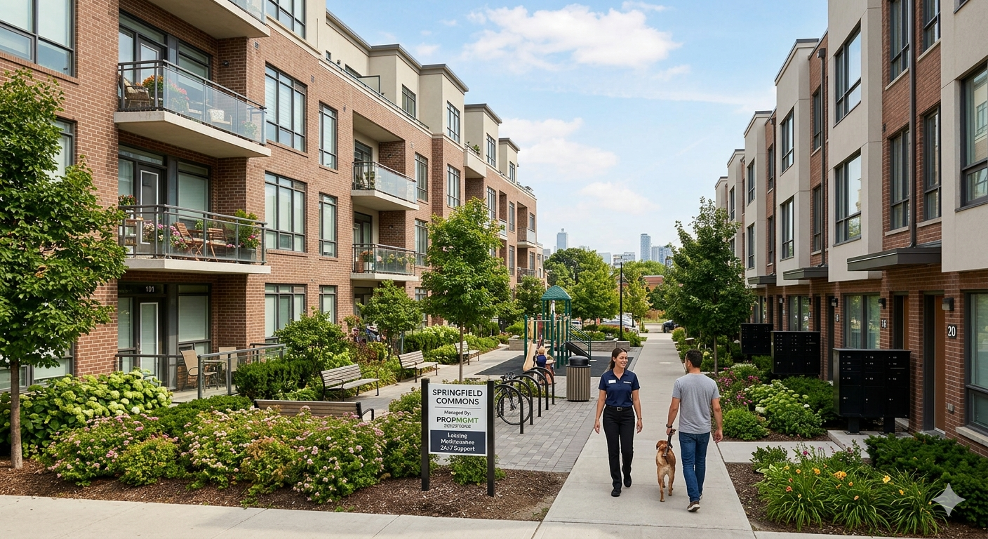 Property manager and resident walking through Toronto condo complex serviced by Epsilon Mechanical HVAC