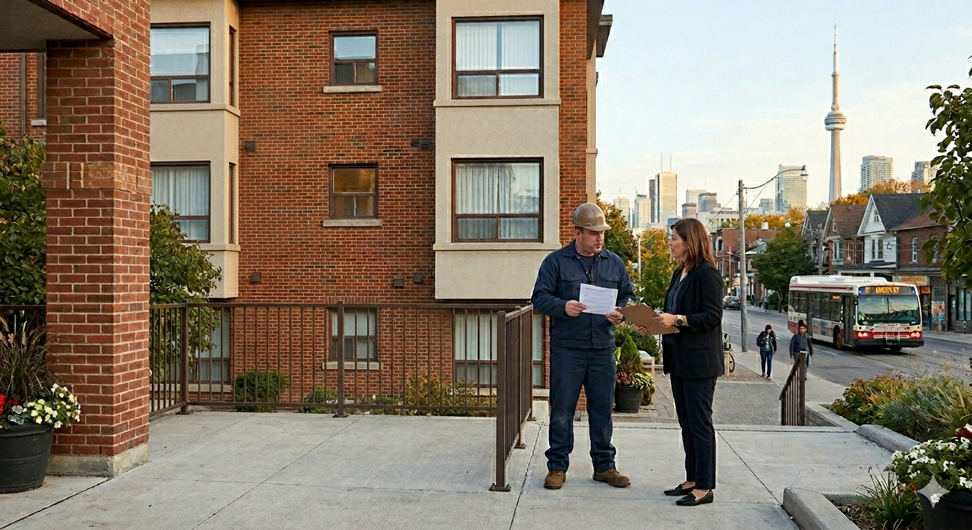 Epsilon Mechanical HVAC contractor reviewing service documentation with a property manager outside a Toronto apartment building