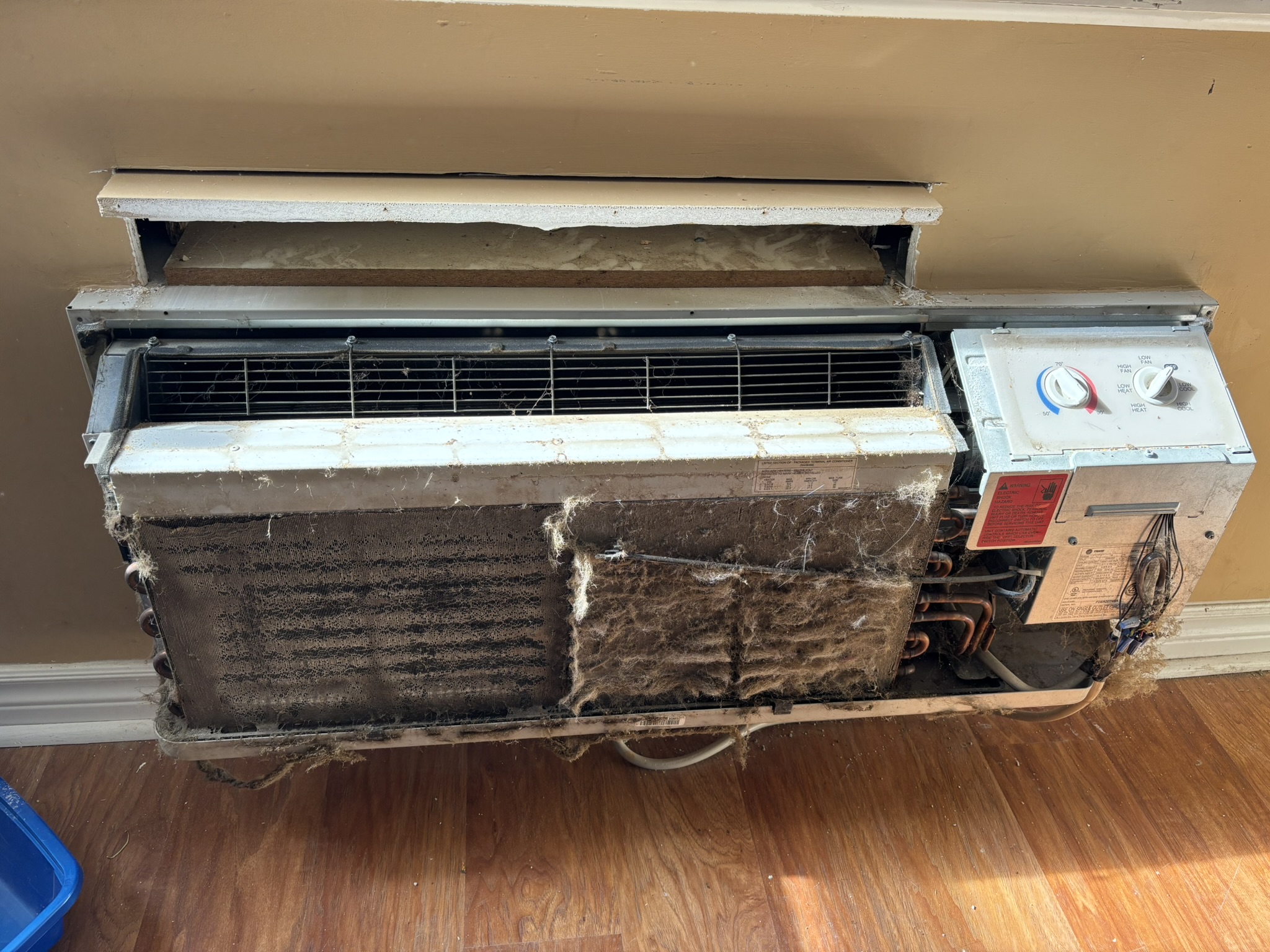 Severely neglected and dirty PTAC unit found during service call by Epsilon Mechanical Toronto
